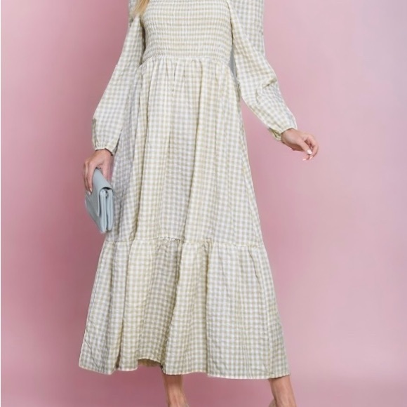 Khaki Plaid Ruffled Square Neck Smocked Tiered Maxi Dress - Picture 3 of 7